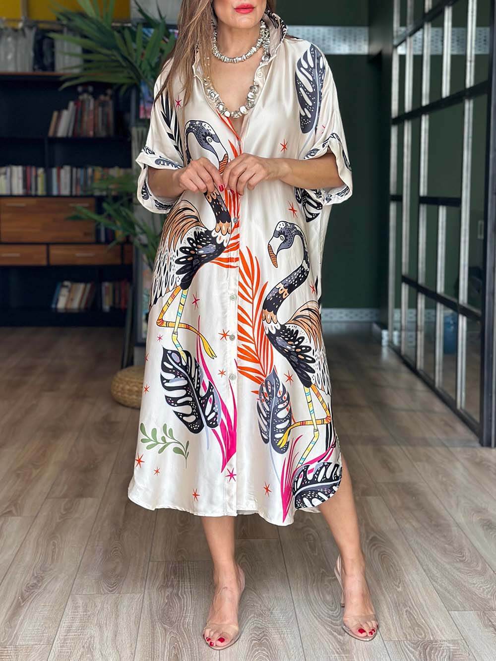 Cream Flamingo Printed Belgium Silk Tunic Shirt Dress